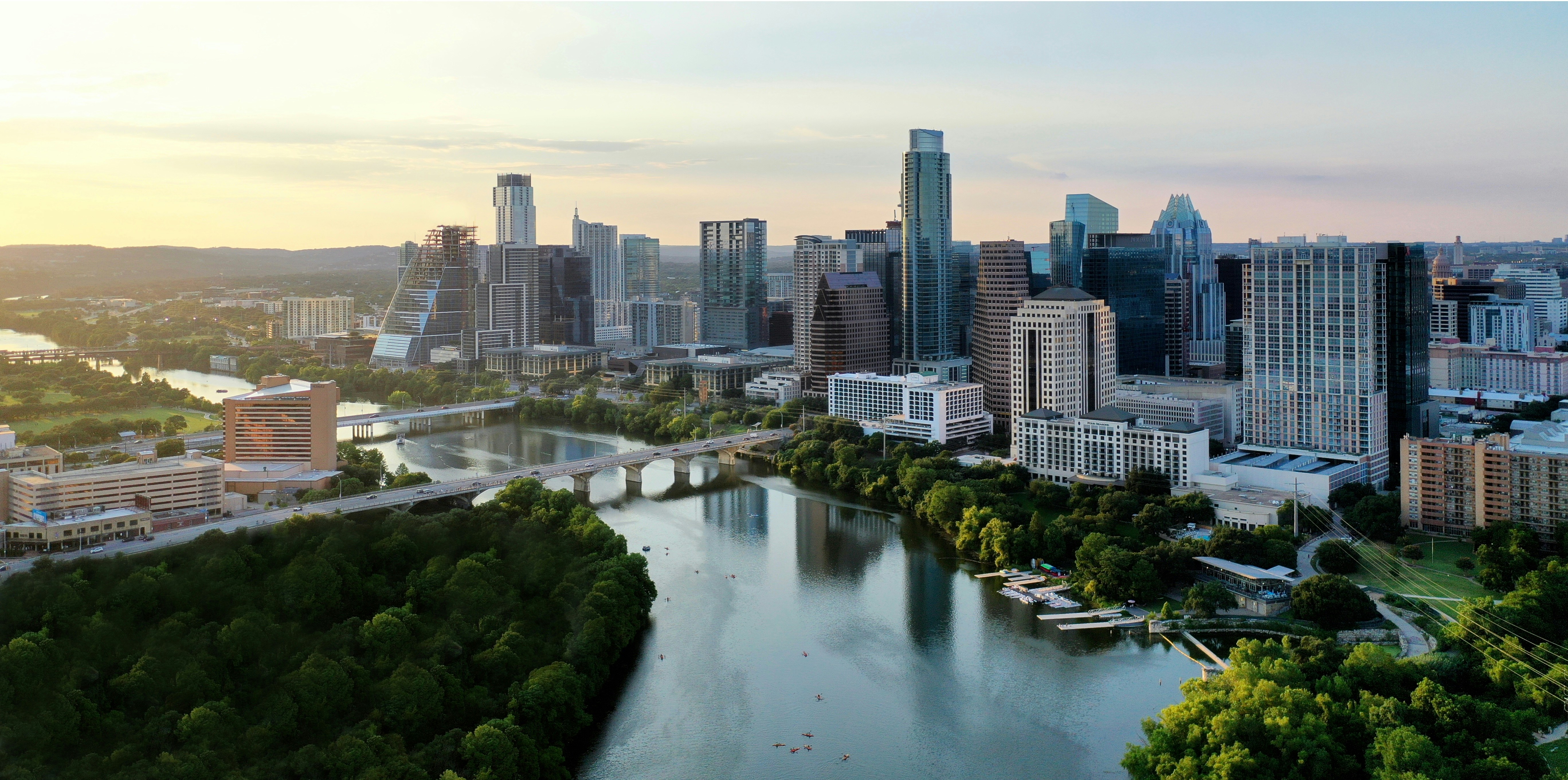 Aerial view of the Austin, Texas skyline at golden hour